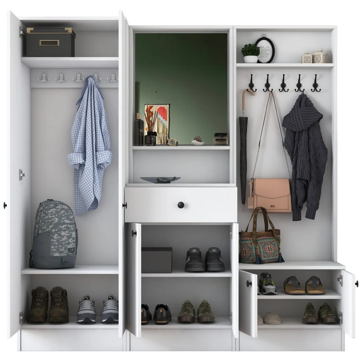 Mobile da Ingresso Bianco Nero Specchio Incluso Appendiabiti 179x37x183h cm, 7 Ripiani - Manzano