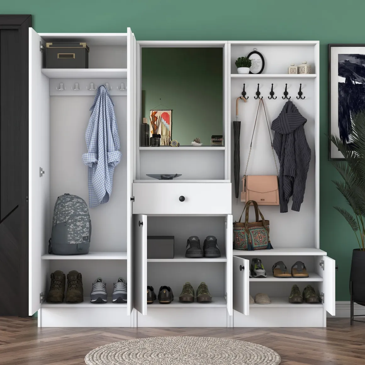 Mobile da Ingresso Bianco Nero Specchio Incluso Appendiabiti 179x37x183h cm, 7 Ripiani - Manzano