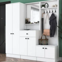 Mobile da Ingresso Bianco Nero Specchio Incluso Appendiabiti 179x37x183h cm, 7 Ripiani - Manzano