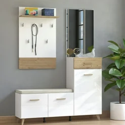 Mobili Da Ingresso > Dmora Mobile da Ingresso Bianco Opaco Marrone Rovere Nodi Specchio Incluso un Cassetto 141x35x189.5h cm, 6 Ripiani - Longa Marrone Rovere Nodi, Bianco Opaco