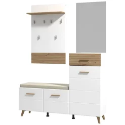 Mobili Da Ingresso > Dmora Mobile da Ingresso Bianco Opaco Marrone Rovere Nodi Specchio Incluso un Cassetto 141x35x189.5h cm, 6 Ripiani - Longa Marrone Rovere Nodi, Bianco Opaco