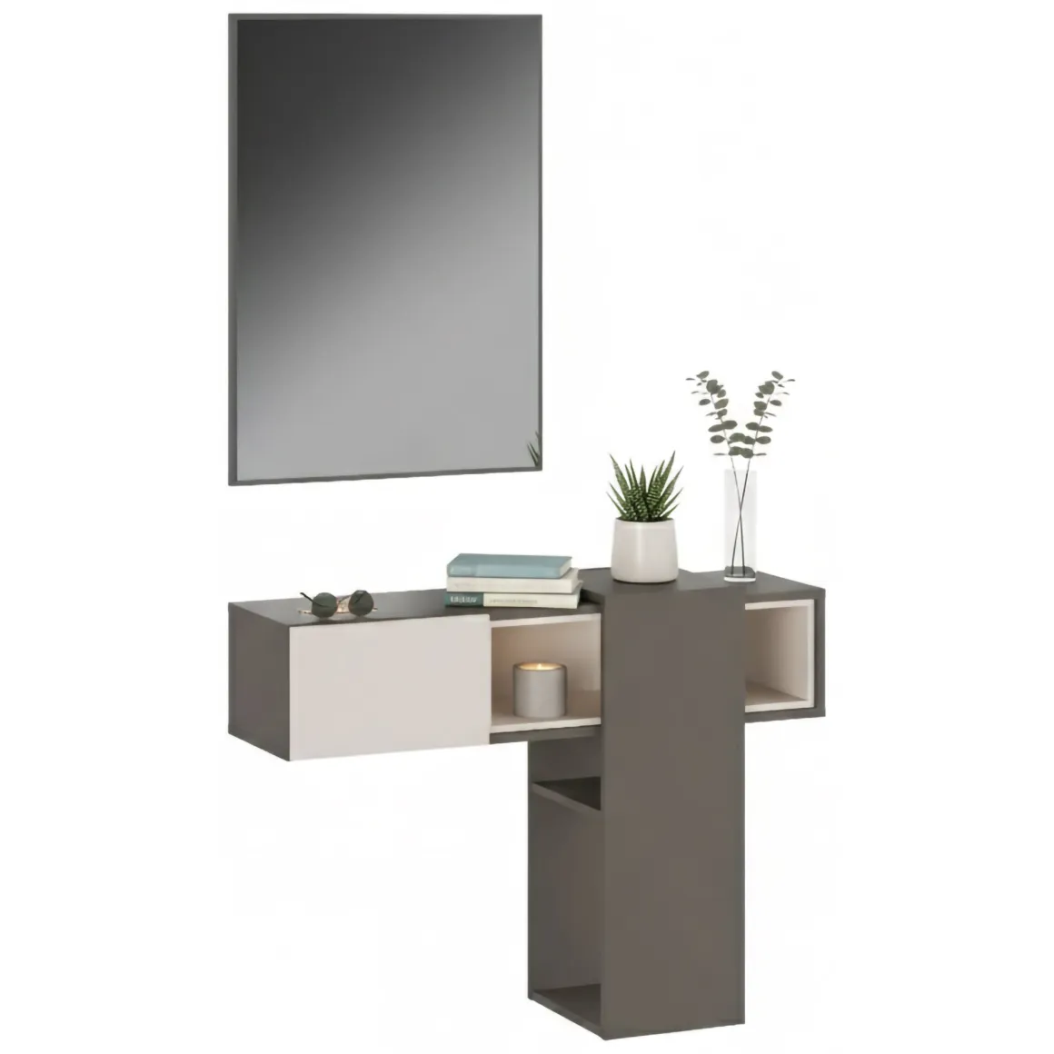 Mobile da Ingresso Grigio Beige Specchio Incluso un Cassetto 100x31x75h cm, un Vano - Daba