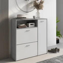 Mobili Da Ingresso > Dmora Mobile da Ingresso Grigio Cemento Bianco 04-mag Paia 3 Ripiani 91.5x26.6x94h cm, 3 Ante - Scultore Bianco, Grigio Cemento