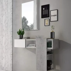 Mobile da Ingresso Grigio Cemento Bianco Specchio Incluso un Ripiano 100x31x75h cm, Appendiabiti - Limbadi