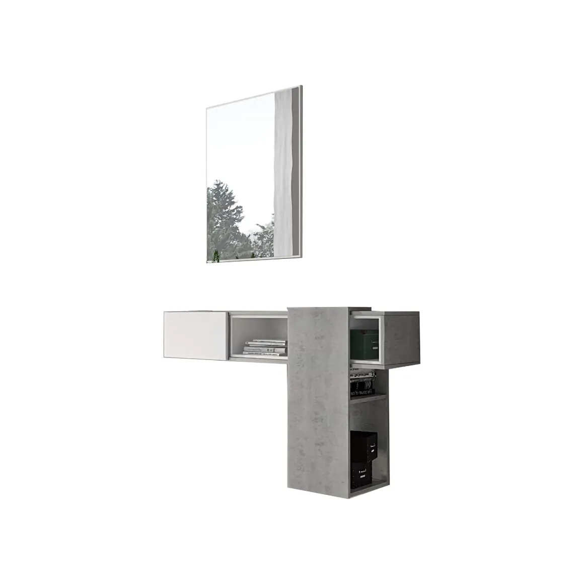 Mobile da Ingresso Grigio Cemento Bianco Specchio Incluso un Ripiano 100x31x75h cm, Appendiabiti - Limbadi