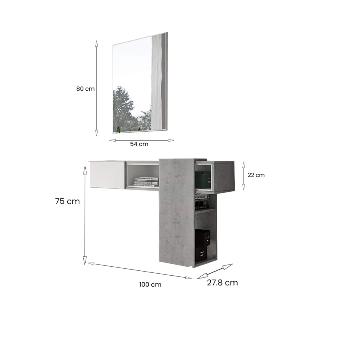 Mobile da Ingresso Grigio Cemento Bianco Specchio Incluso un Ripiano 100x31x75h cm, Appendiabiti - Limbadi