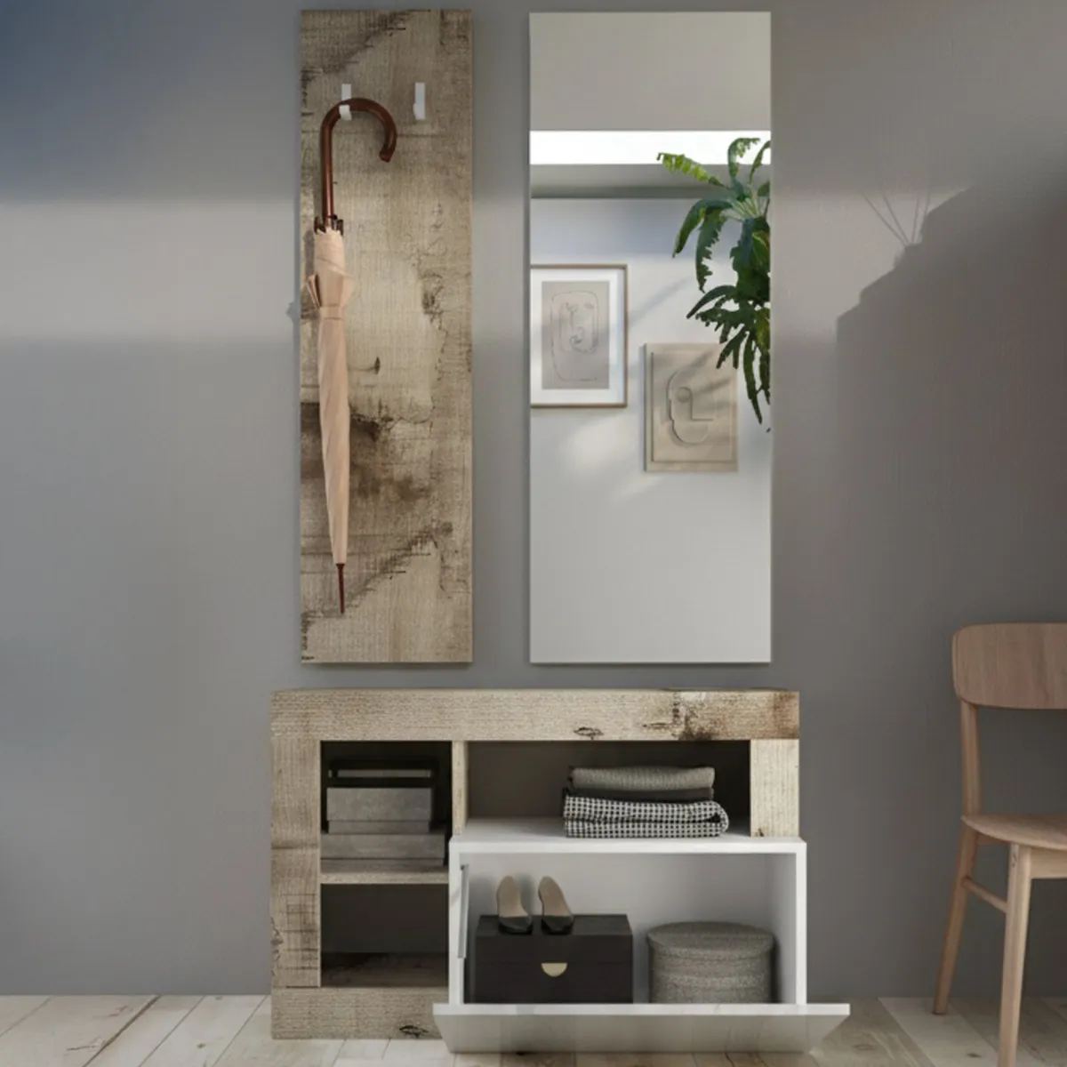 Mobili Da Ingresso > Dmora Mobile da Ingresso Marrone Lucido Bianco Pero Specchio Incluso Appendiabiti 90.5x36x170h cm, 4 Paia - Casalino Bianco Pero, Marrone Lucido