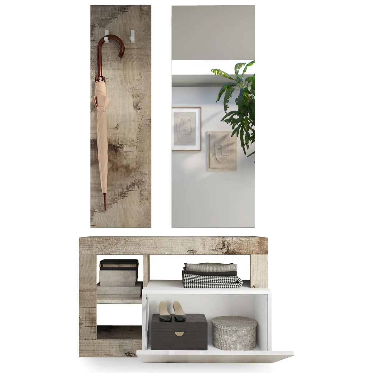 Mobili Da Ingresso > Dmora Mobile da Ingresso Marrone Lucido Bianco Pero Specchio Incluso Appendiabiti 90.5x36x170h cm, 4 Paia - Casalino Bianco Pero, Marrone Lucido
