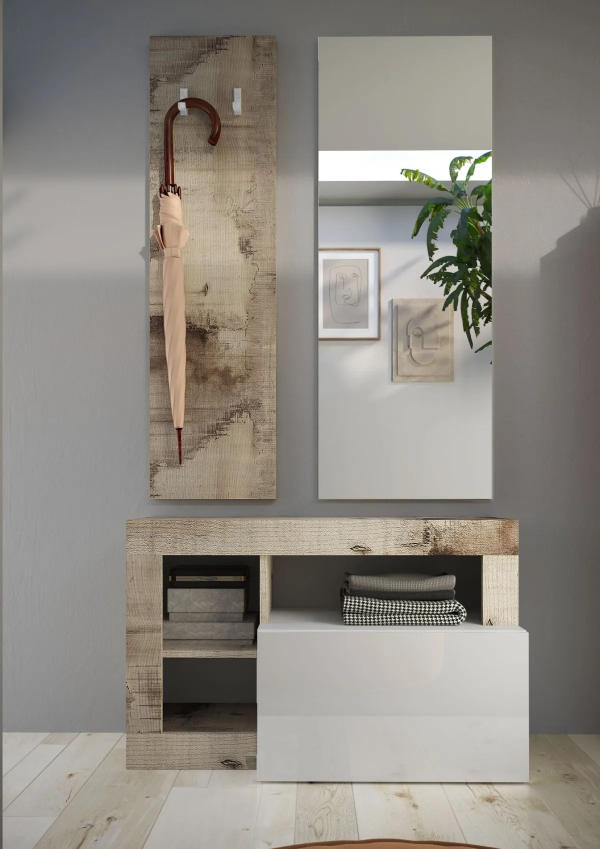 Mobili Da Ingresso > Dmora Mobile da Ingresso Marrone Lucido Bianco Pero Specchio Incluso Appendiabiti 90.5x36x170h cm, 4 Paia - Casalino Bianco Pero, Marrone Lucido