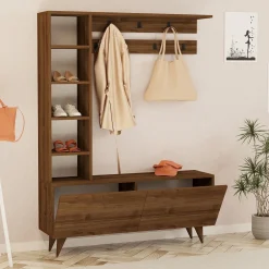 Mobile da Ingresso Marrone Noce Appendiabiti 6 Ripiani 120x32x162h cm, Apertura a Ribalta - Gordona