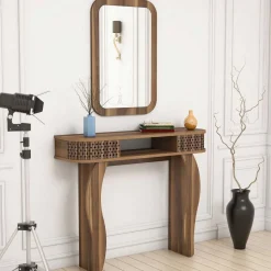 Mobile da Ingresso Marrone Noce Marrone Noce Specchio Incluso 2 Ripiani 105x30x85h cm, Modulabile - Gazzuolo