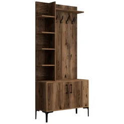 Mobili Da Ingresso > Dmora Mobile da Ingresso Marrone Noce Nero 8 Ripiani Appendiabiti 90x35x200h cm, Apertura Battente - Pecchi Nero, Marrone Noce
