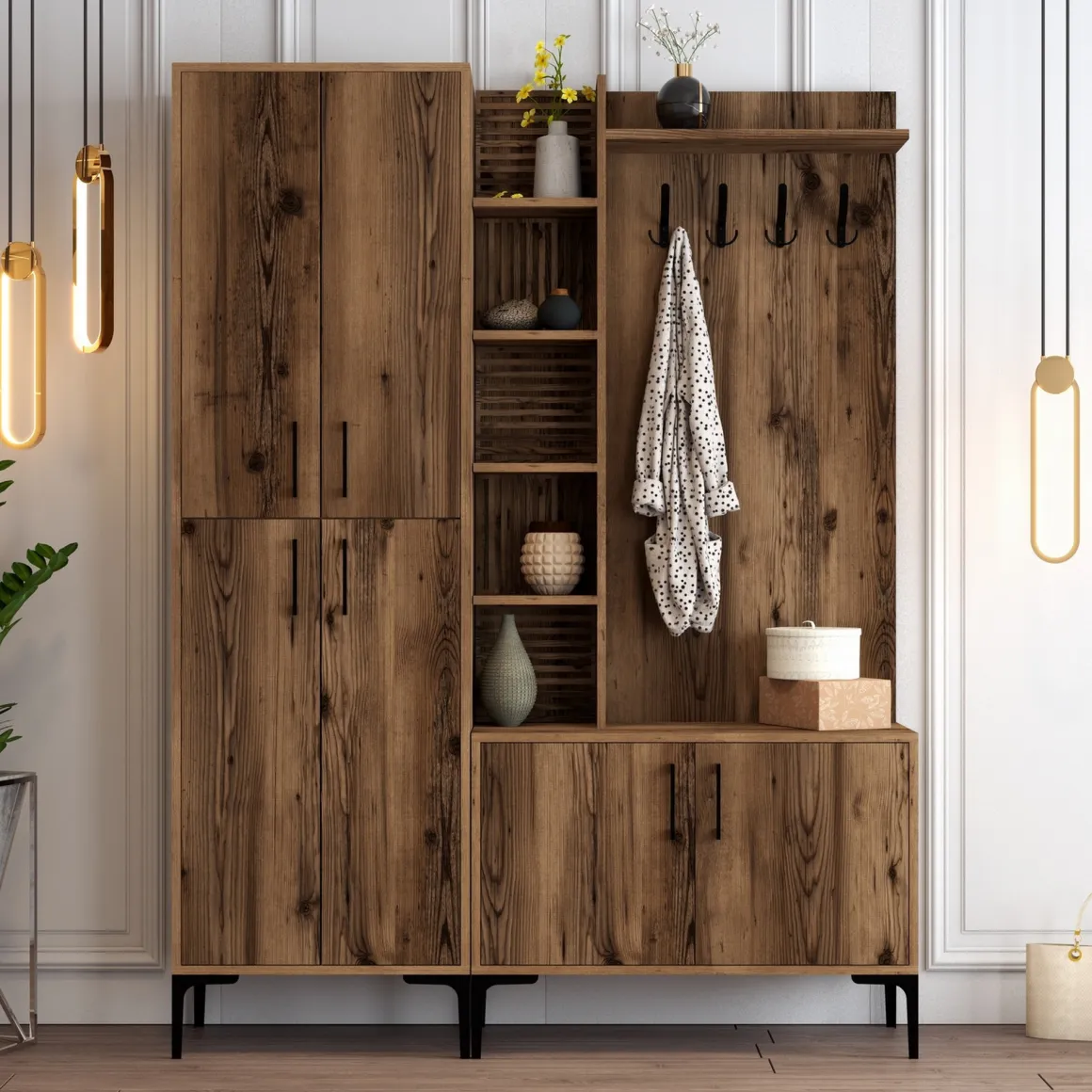 Mobile da Ingresso Marrone Noce Nero Appendiabiti 12 Ripiani 150x200x35h cm, Apertura Battente - Dovarese