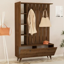Mobile da Ingresso Marrone Noce Nero Appendiabiti 6 Ripiani 112x35x170h cm, Apertura a Ribalta, Battente - Cairate