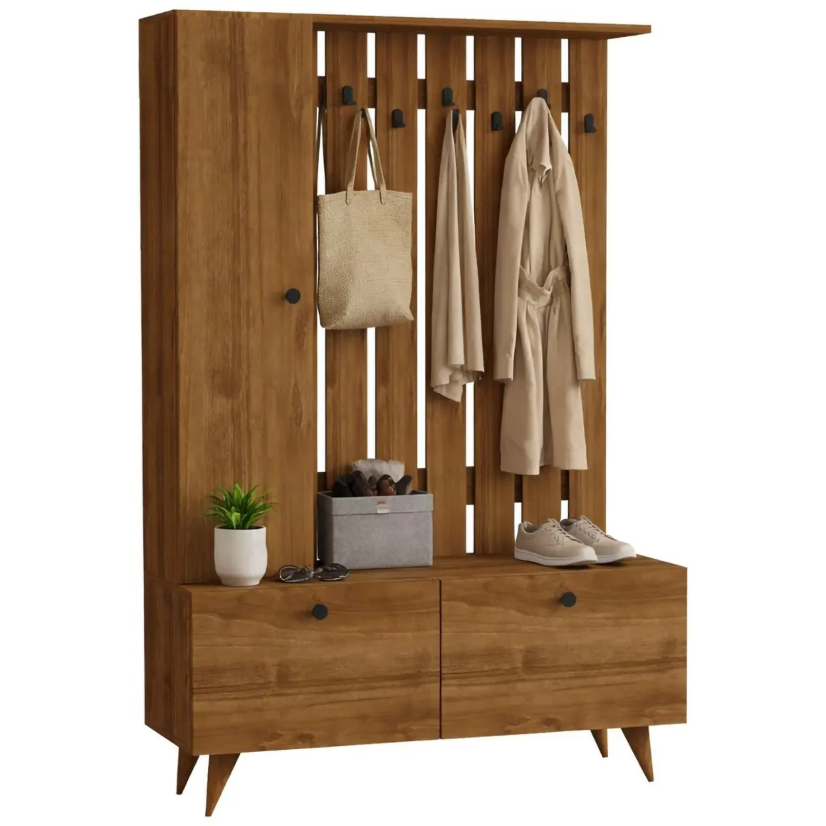 Mobile da Ingresso Marrone Noce Nero Appendiabiti 6 Ripiani 112x35x170h cm, Apertura a Ribalta, Battente - Cairate