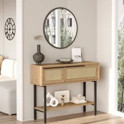 Mobili Da Ingresso > Dmora Mobile da Ingresso Marrone Rovere Beige Effetto paglia di Vienna 100x30x76h cm, 2 Ripiani - Recale Beige, Marrone Rovere