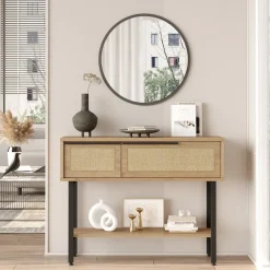 Mobili Da Ingresso > Dmora Mobile da Ingresso Marrone Rovere Beige Effetto paglia di Vienna 100x30x76h cm, 2 Ripiani - Recale Beige, Marrone Rovere