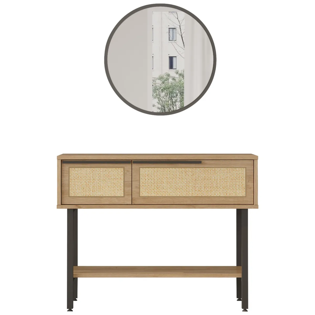 Mobili Da Ingresso > Dmora Mobile da Ingresso Marrone Rovere Beige Effetto paglia di Vienna 100x30x76h cm, 2 Ripiani - Recale Beige, Marrone Rovere