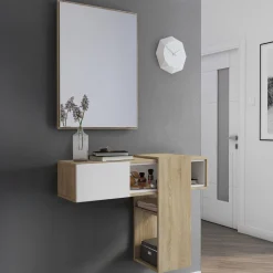 Mobile da Ingresso Marrone Rovere Bianco Specchio Incluso un Ripiano 100x31.2x75h cm, Appendiabiti - Daba