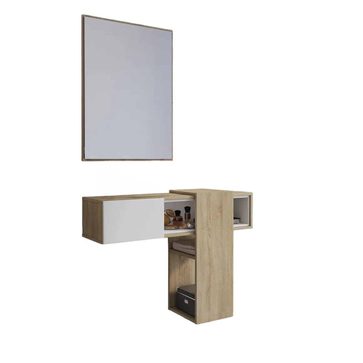 Mobile da Ingresso Marrone Rovere Bianco Specchio Incluso un Ripiano 100x31.2x75h cm, Appendiabiti - Daba