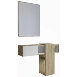 Mobile da Ingresso Marrone Rovere Bianco Specchio Incluso un Ripiano 100x31.2x75h cm, Appendiabiti - Daba