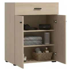 Mobile da Ingresso Marrone Rovere Chiaro Nero un Cassetto 2 Ripiani 77x35x98h cm, 2 Ante - Torrice