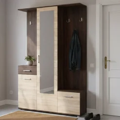 Mobile da Ingresso Marrone Rovere Marrone Noce Specchio Incluso un Cassetto 133.5x33x197.5h cm, 9 Ripiani - Volpara