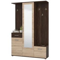Mobile da Ingresso Marrone Rovere Marrone Noce Specchio Incluso un Cassetto 133.5x33x197.5h cm, 9 Ripiani - Volpara