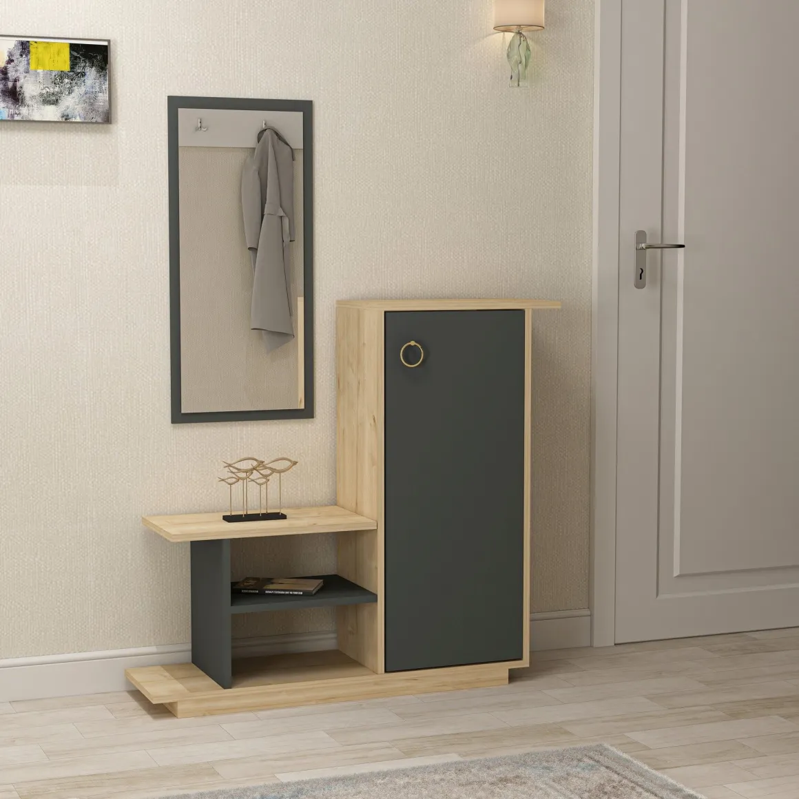 Mobile da Ingresso Marrone Rovere Nero Antracite Specchio Incluso 4 Ripiani 80x30x90h cm, Modulabile - Nibbiola