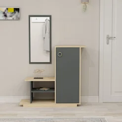 Mobile da Ingresso Marrone Rovere Nero Antracite Specchio Incluso 4 Ripiani 80x30x90h cm, Modulabile - Nibbiola