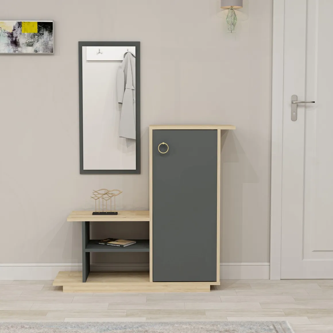 Mobile da Ingresso Marrone Rovere Nero Antracite Specchio Incluso 4 Ripiani 80x30x90h cm, Modulabile - Nibbiola