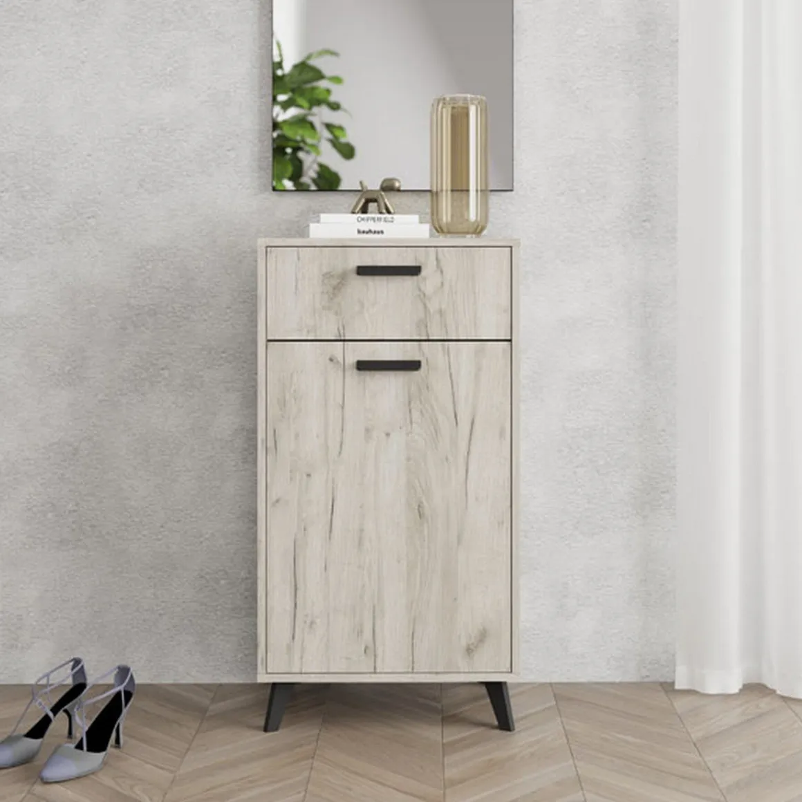 Mobili Da Ingresso > Dmora Mobile da Ingresso Marrone Rovere Nero un Ripiano 2 Ante 77x35x40.5h cm, 2 Vani - Druento Nero, Marrone Rovere