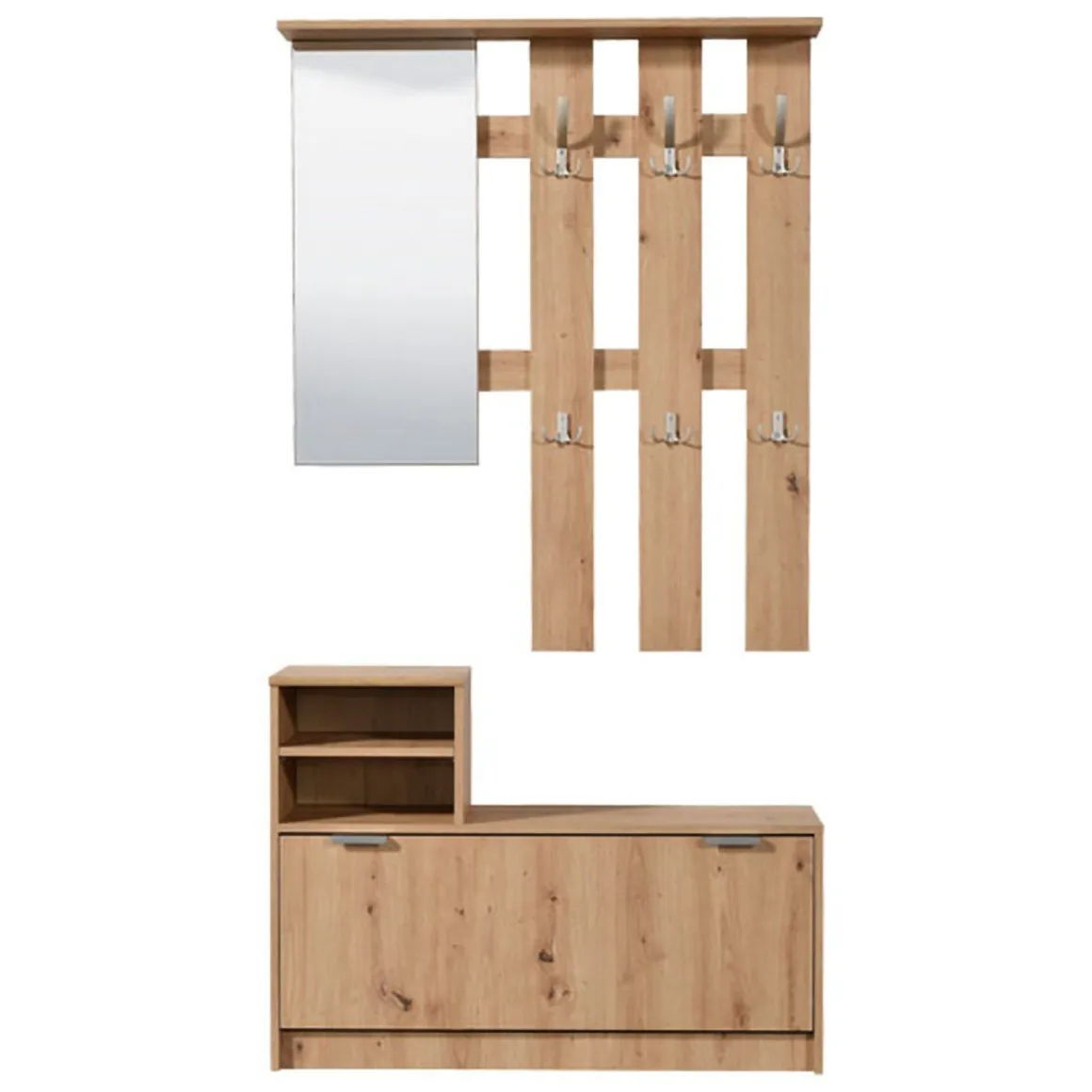 Mobile da Ingresso Marrone Rovere Nodi Grigio Specchio Incluso 4 Ripiani 100x29x191.5h cm, Appendiabiti - Tonengo