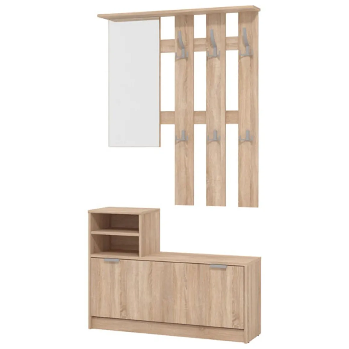 Mobile da Ingresso Marrone Rovere Nodi Grigio Specchio Incluso 4 Ripiani 100x29x191.5h cm, Appendiabiti - Tonengo