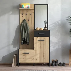 Mobili Da Ingresso > Dmora Mobile da Ingresso Marrone Rovere Nodi Nero Specchio Incluso un Ripiano 102x76x21h cm, Appendiabiti - Nuku Nero, Marrone Rovere Nodi