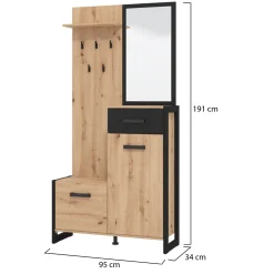 Mobile da Ingresso Marrone Rovere Nodi Nero Specchio Incluso un Cassetto 94.5x33.5x191h cm, 5 Ripiani - Corbetta