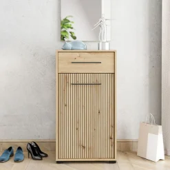 Mobili Da Ingresso > Dmora Mobile da Ingresso Marrone Rovere Nodi Nero un Cassetto 2 Ripiani 54.5x40x109.5h cm, Un'anta - Pollenza Nero, Marrone Rovere Nodi