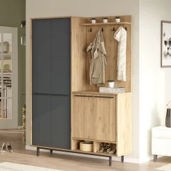 Mobili Da Ingresso > Dmora Mobile da Ingresso Nero Antracite Marrone Rovere Nodi Specchio Incluso 3 Ripiani 91.5x28x202h cm, Appendiabiti - Viggiano Marrone Rovere Nodi, Nero Antracite