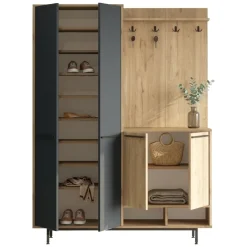 Mobili Da Ingresso > Dmora Mobile da Ingresso Nero Antracite Marrone Rovere Nodi Specchio Incluso 3 Ripiani 91.5x28x202h cm, Appendiabiti - Viggiano Marrone Rovere Nodi, Nero Antracite