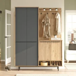 Mobili Da Ingresso > Dmora Mobile da Ingresso Nero Antracite Marrone Rovere Nodi Specchio Incluso 3 Ripiani 91.5x28x202h cm, Appendiabiti - Viggiano Marrone Rovere Nodi, Nero Antracite