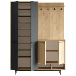 Mobili Da Ingresso > Dmora Mobile da Ingresso Nero Antracite Marrone Rovere Nodi Specchio Incluso 3 Ripiani 91.5x28x202h cm, Appendiabiti - Viggiano Marrone Rovere Nodi, Nero Antracite
