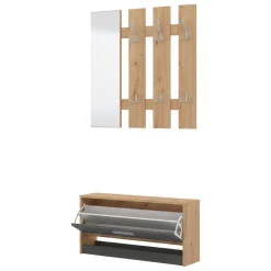 Mobili Da Ingresso > Dmora Mobile da Ingresso Nero Antracite Marrone Rovere Nodi Specchio Incluso 3 Ripiani 91.5x28x202h cm, Appendiabiti - Viggiano Marrone Rovere Nodi, Nero Antracite
