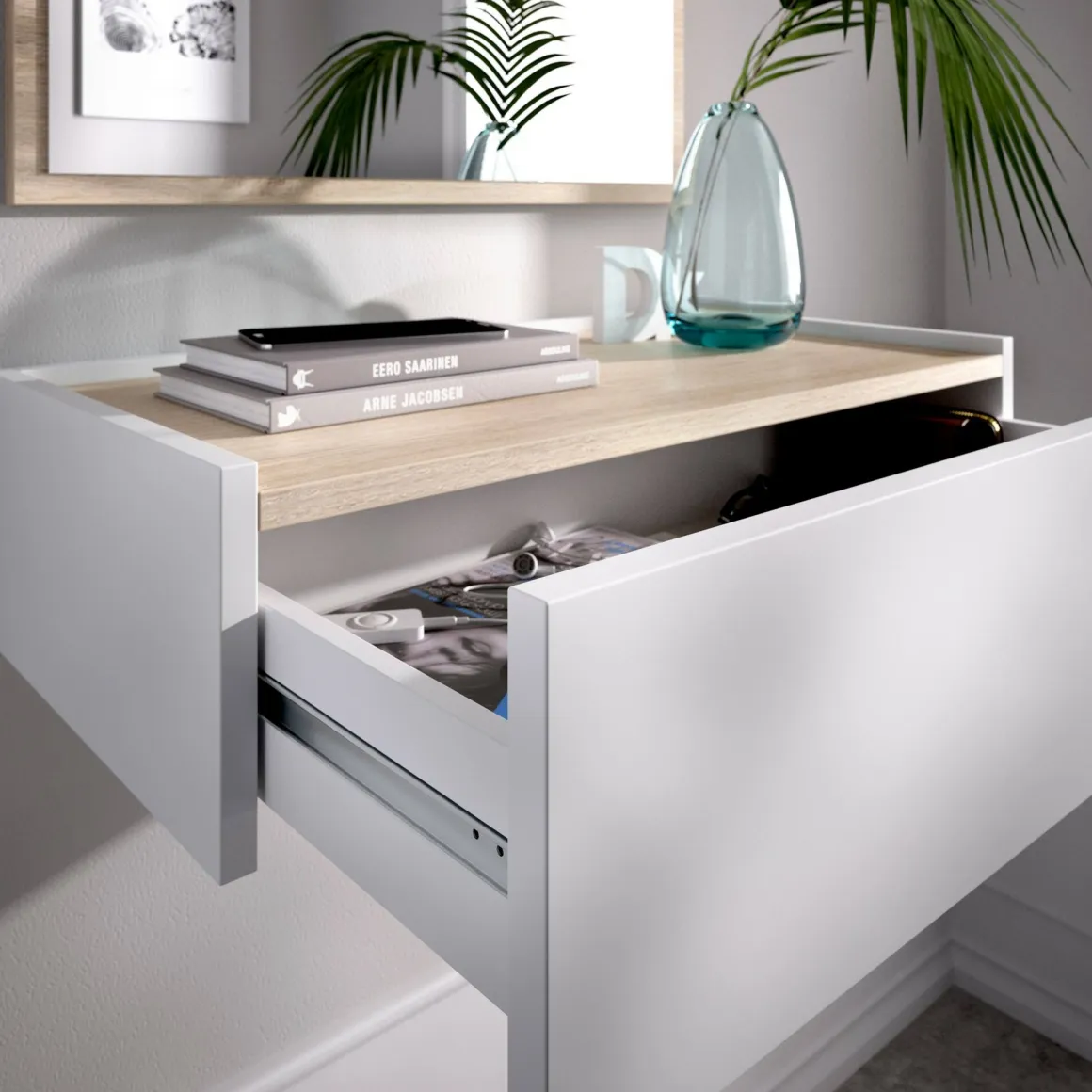 Mobile da ingresso piccolo con specchio e 1 cassetto bianco e rovere 33x16h cm - Astolfo