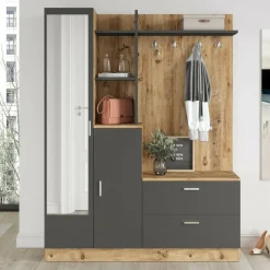 Mobili Da Ingresso|Ingresso > Dmora Mobile da ingresso porta scarpe 4 ante quercia e antracite 140x181h cm - Anumali Nero Antracite, Marrone Quercia