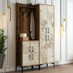Mobile da ingresso rustico noce e bianco marmo 120x200h cm - Eufemia