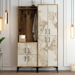 Mobile da ingresso rustico noce e bianco marmo 120x200h cm - Eufemia