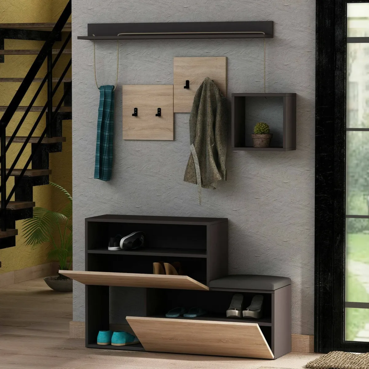 Mobili Da Ingresso|Ingresso > Dmora Mobile da ingresso sospeso 2 ante antracite e rovere 120x76h cm - Libeccio Marrone Rovere, Nero Antracite