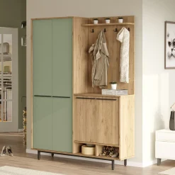 Mobile da Ingresso Verde Salvia Marrone Rovere Appendiabiti 12 Ripiani 147x36x196h cm, Apertura Battente - Tignale