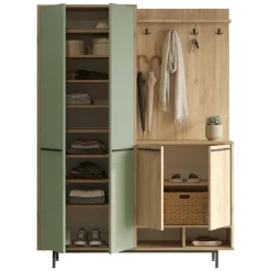 Mobile da Ingresso Verde Salvia Marrone Rovere Appendiabiti 12 Ripiani 147x36x196h cm, Apertura Battente - Tignale