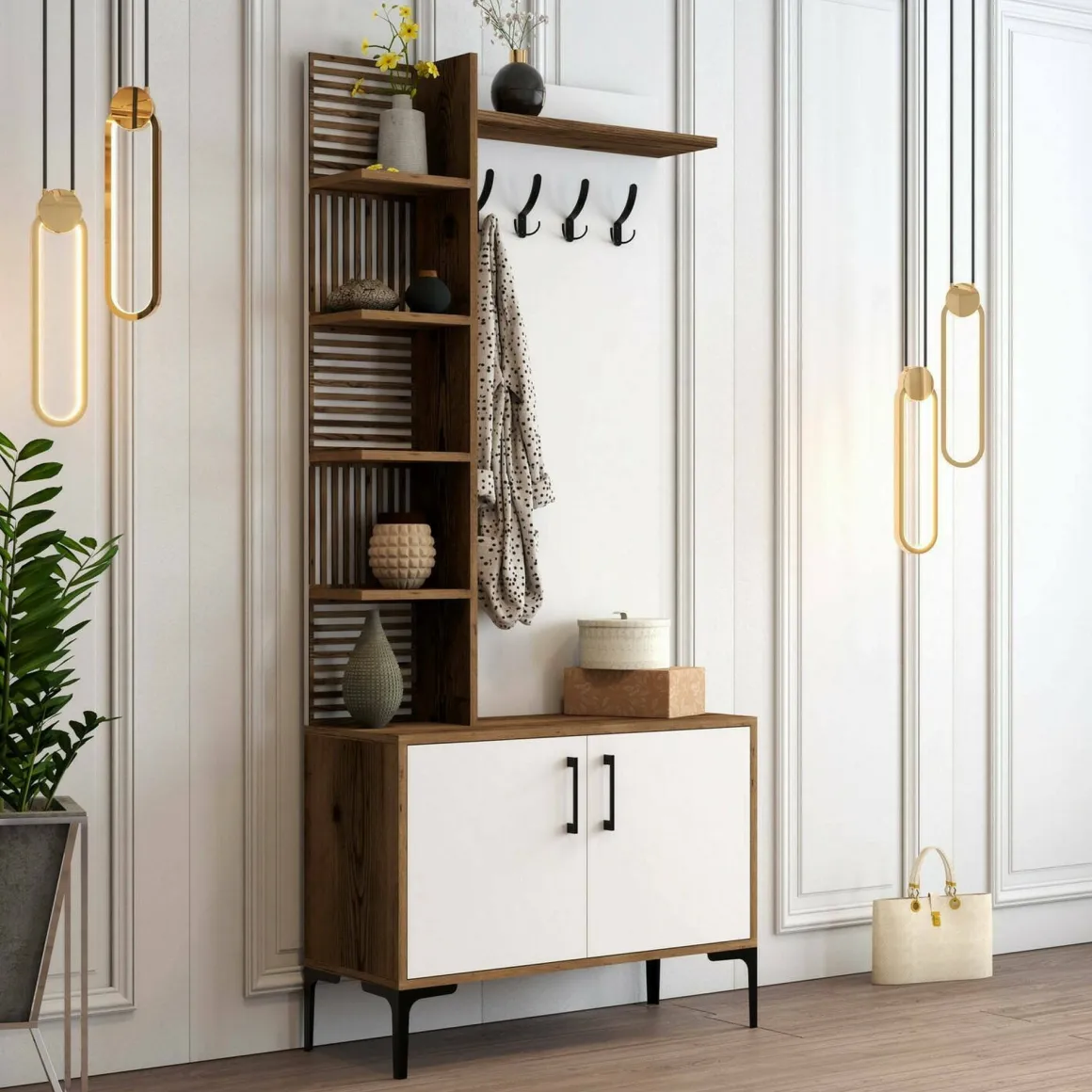 Mobile ingresso 2 ante legno e metallo noce e bianco 90x200h cm - Anja
